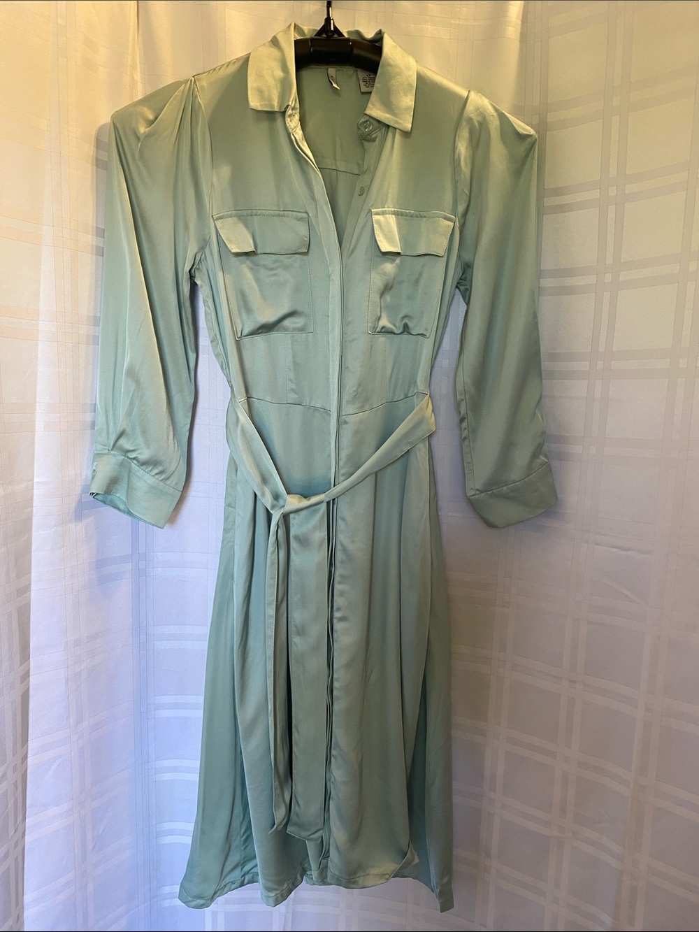 Evie Rayon Mint Green Button Down Shirt Dress with Waist Tie XS